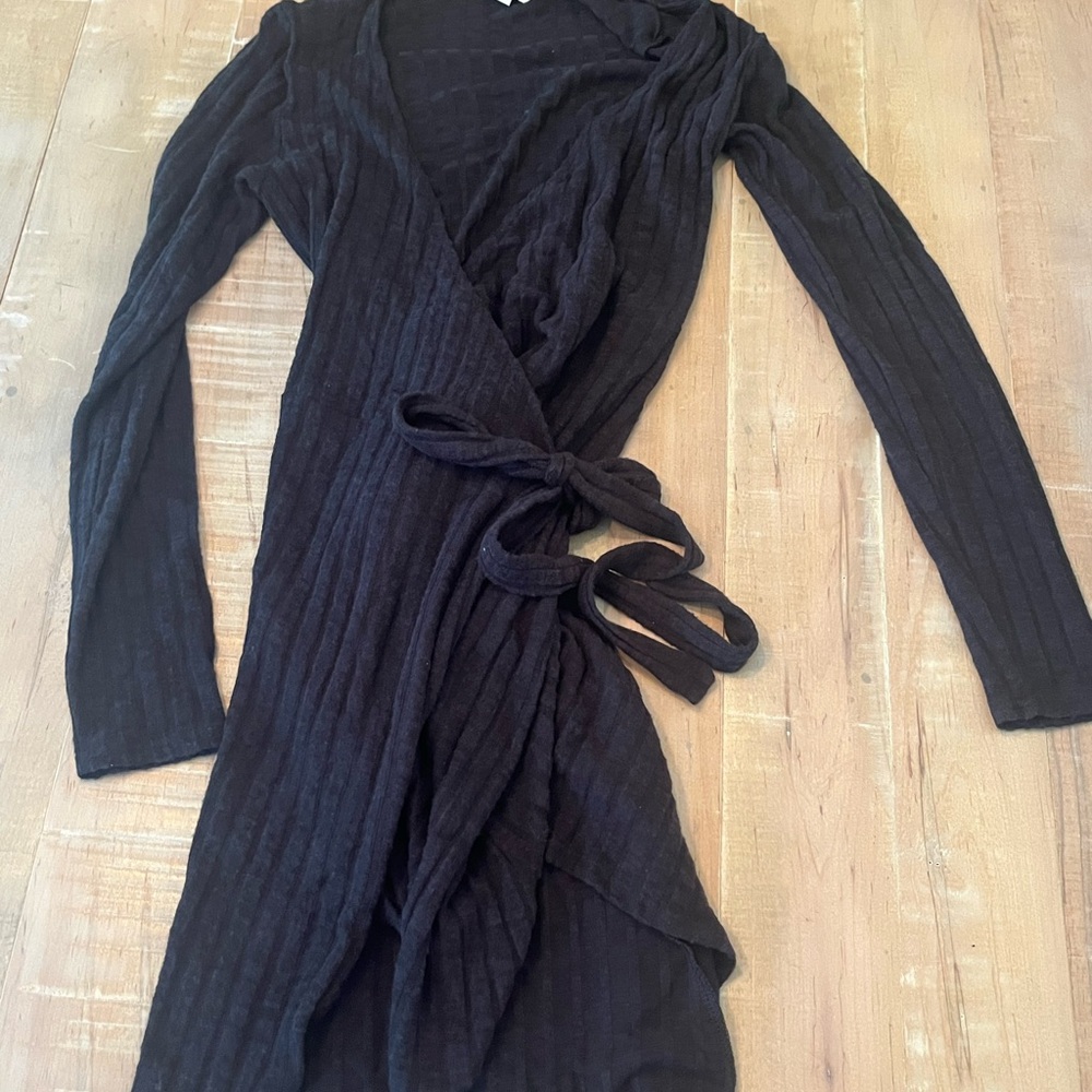 American Eagle Outfitters Black Ribbed Wrap Midi Dress